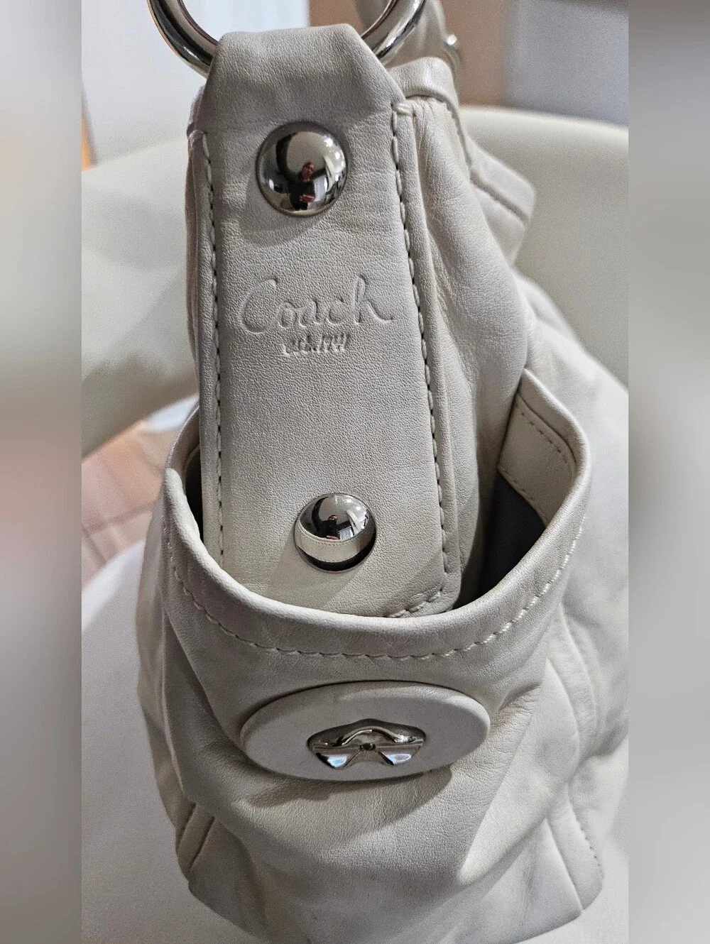 Coach 13412 White Full Grain Leather Shoulder Hobo Bag Tote Purse Silver Hardwar